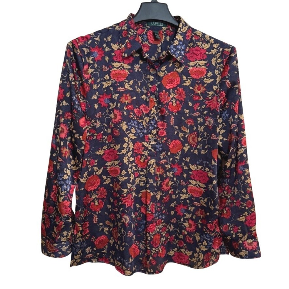 Lauren Ralph Lauren Floral Button Down Blouse Top Women's Large Garden Blue Red